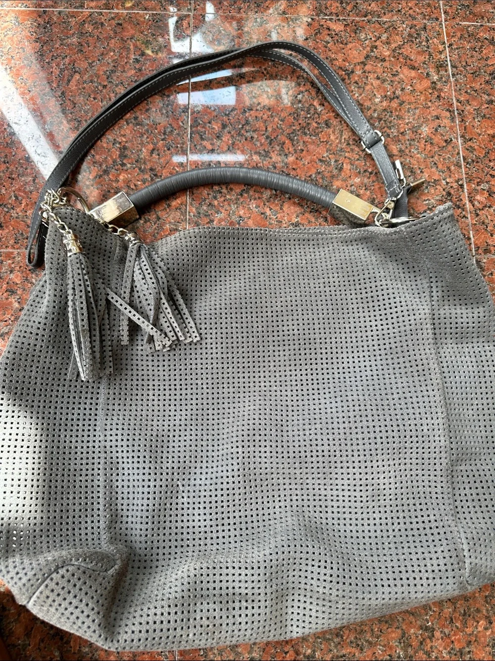 Bagatt Italian brand - Gray Suede Perforated Hobo Bag with Tassel